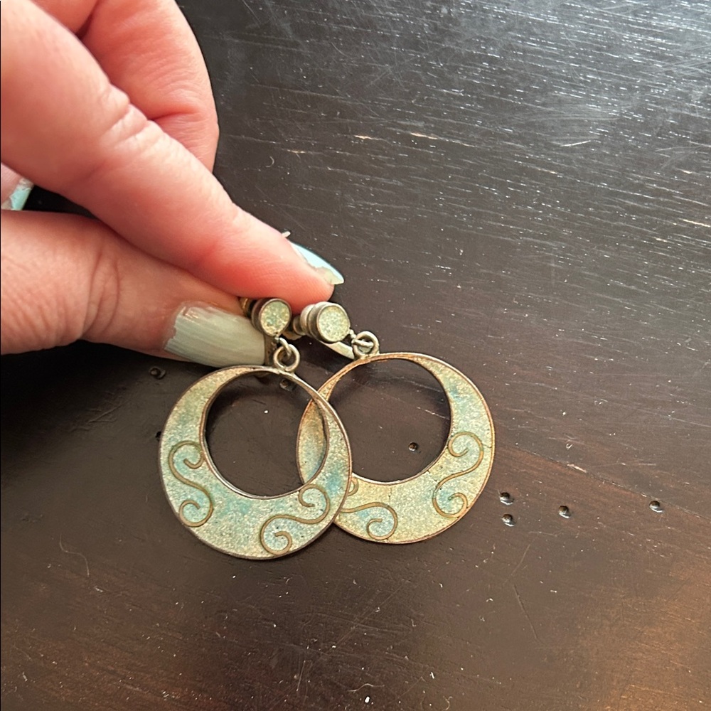 Vintage Teal Patina Circle Drop Earrings - Unbranded